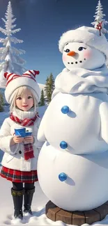 Child enjoying a snowy day with snowman in winter landscape.