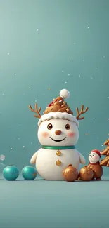 Cute snowman with tree and teal background for a festive wallpaper.