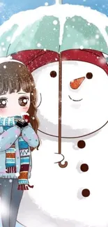 Cute girl with snowman and umbrella in winter scene wallpaper.