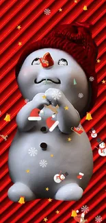 Charming snowman on vivid red background - mobile wallpaper.