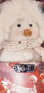 Cute snowman in cozy scarf inside a festive setting.