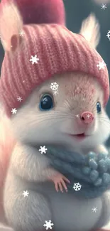 Cute squirrel in pink hat with snowflakes, perfect for cozy winter wallpaper.