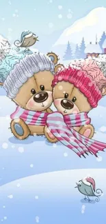 Two cute teddy bears in winter hats and scarves in snowy landscape.