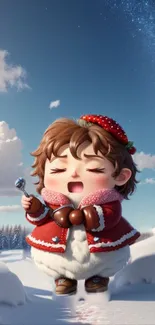 Cute character in winter wonderland with snowy background and clear blue sky.