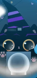 Cute witch cat mobile wallpaper with hat and stars.