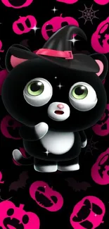 Cute black cat in witch hat with pink Halloween icons background.