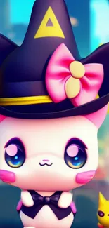 Cute cartoon cat with witch hat and bow.