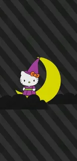 Cute witch cat on yellow moon wallpaper.