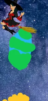 Whimsical witch riding broomstick under a starry sky.