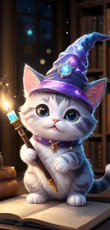 Adorable cat dressed as a wizard in a magical library setting.