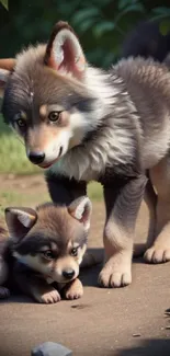 Two cute wolf pups in a forest setting.