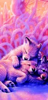 Cute wolves cuddling in pink snow landscape.