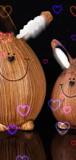 Cute wooden bunnies with glowing hearts on a black background.