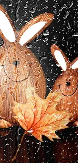 Two wooden bunnies with a maple leaf on a black background.