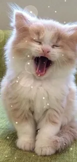 Cute fluffy kitten yawning on a green couch.