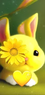 Yellow bunny with flower, heart design background.