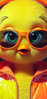 Cartoon yellow chick with sunglasses and headphones.