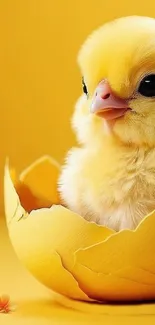 Adorable yellow chick in cracked eggshell, bright yellow background.