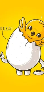 Cartoon yellow chick hatching from egg on bright background.