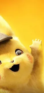 Adorable yellow creature with brown hat in vibrant wallpaper.