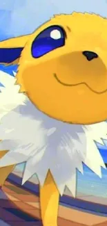 Anime furry creature with blue eyes and yellow fur on a vibrant background.