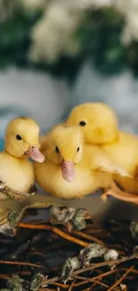 Three cute yellow ducklings nestled in a cozy nest.