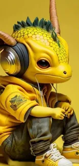 Cute yellow fantasy creature with headphones and casual outfit.