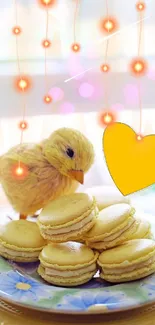 Yellow macarons with cute chick and heart design wallpaper.