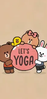 Cute cartoon characters with yoga theme on wallpaper.