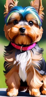 Cute Yorkie with colorful fur and pink collar on green background.