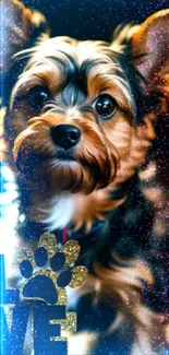 Cute Yorkie puppy with gold love text.