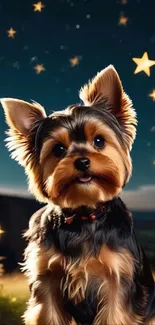 Cute Yorkie dog with starry night background.