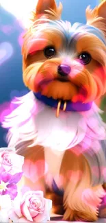 Cute Yorkshire Terrier with flowers in vibrant setting.