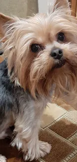 Yorkshire Terrier with fluffy hair sitting on a couch.