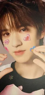 A portrait of a person with colorful heart stickers on face.