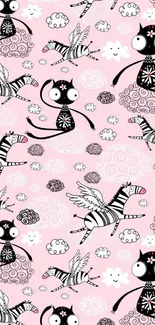 Playful cats and flying zebras on pink background.