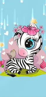 Cute cartoon zebra with flowers on blue background.