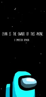 Cyan crewmate phone wallpaper with a space theme.