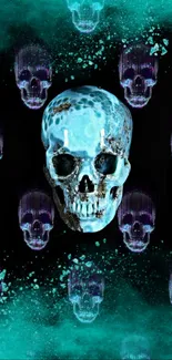 Cyan skull with abstract pattern on dark background.