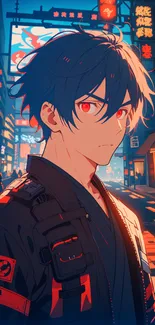 Anime character with blue hair and red eyes in a cyberpunk neon-lit street.