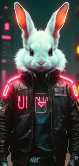 Cyberpunk rabbit in a neon cityscape background.