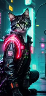 A cyberpunk cat sits in a glowing neon city street.