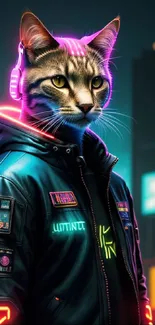 A cyberpunk cat with neon lights in a vibrant futuristic cityscape.