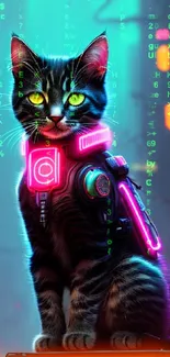 Cyber cat in neon cityscape with glowing accents.