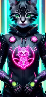 Cyberpunk cat in vibrant neon lights, futuristic art.