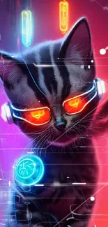 Neon cyber cat with glowing glasses in a futuristic setting.