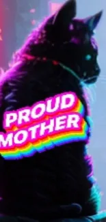 Neon cyber cat with 'Proud Mother' text in vibrant colors.