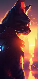 Futuristic cyberpunk cat overlooking a glowing cityscape at sunset.