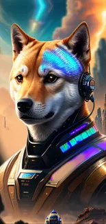 Futuristic robotic dog with armor in a sci-fi landscape.