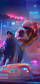 Cyberpunk dog with sunglasses in neon-lit futuristic city.